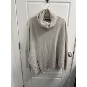 AllSaints Able Roll Neck Oversized Ribbed Sweater Oatmeal Beige Medium Zip Hem